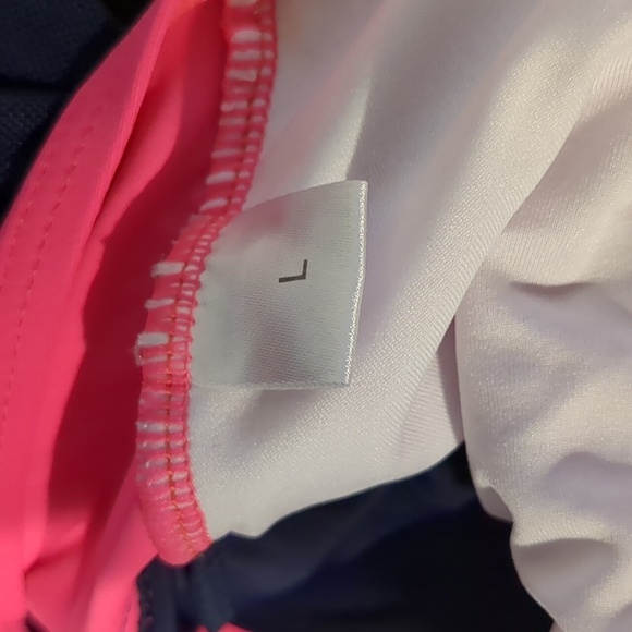 Neon Pink and Blue V Neck One Piece Swimsuit with Sheer Skirt Overlay size Large - Picture 8 of 9